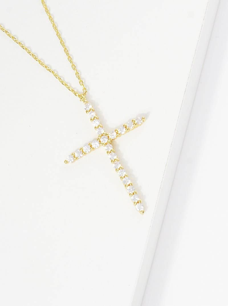 Gold Plated Round Cut Cubic Cross Necklace