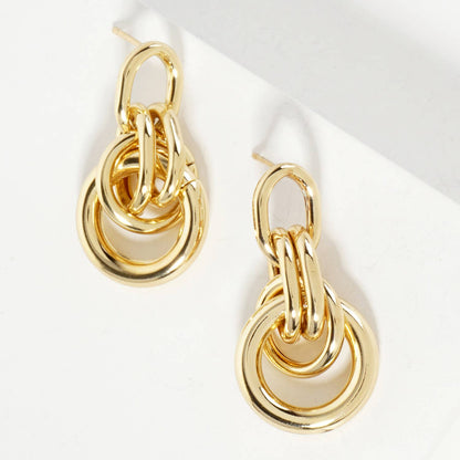 Polished Brass Interlocking Circles Drop Gold-Dipped Earring