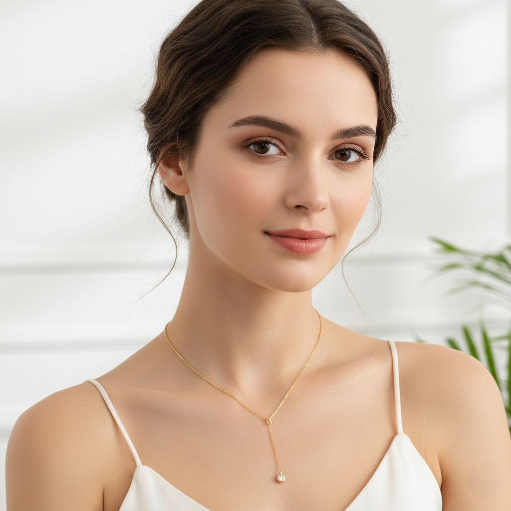 14K Gold Plated Dainty CZ Drop Lariat Necklace