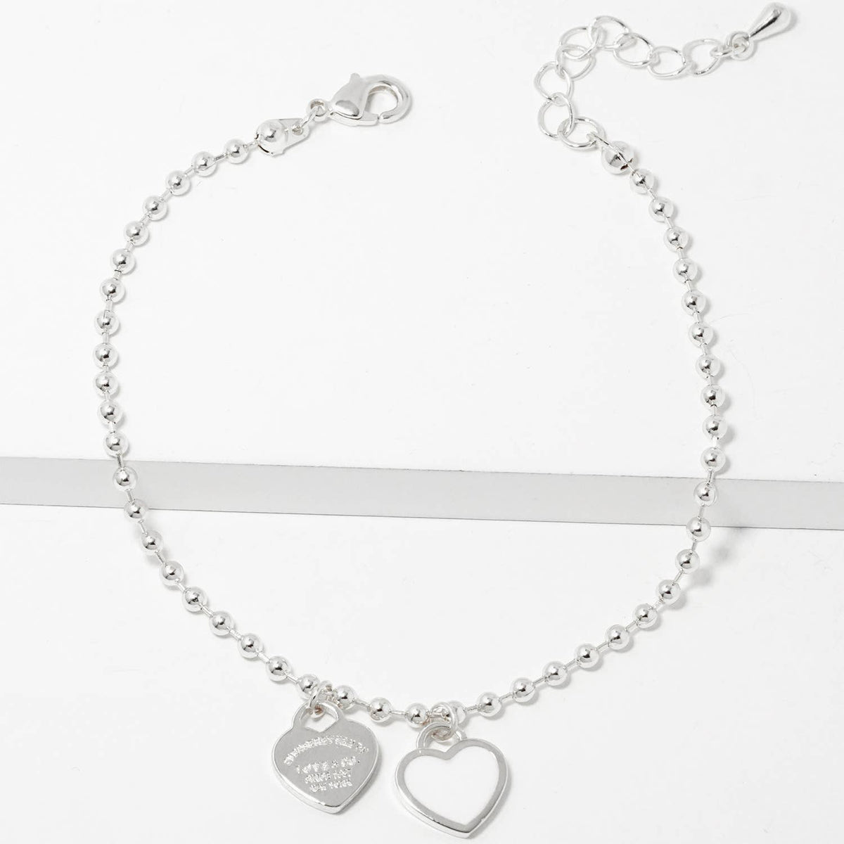 Double Heart Charm Bead Chain Bracelet - Gold & White Gold D