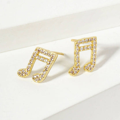 Pave-Set 11mm Musical-Note Brass Stud Earrings