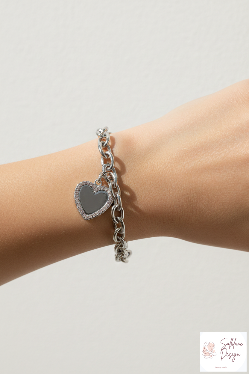 Magnetic Clasp Chunky Link Heart Charm Bracelet