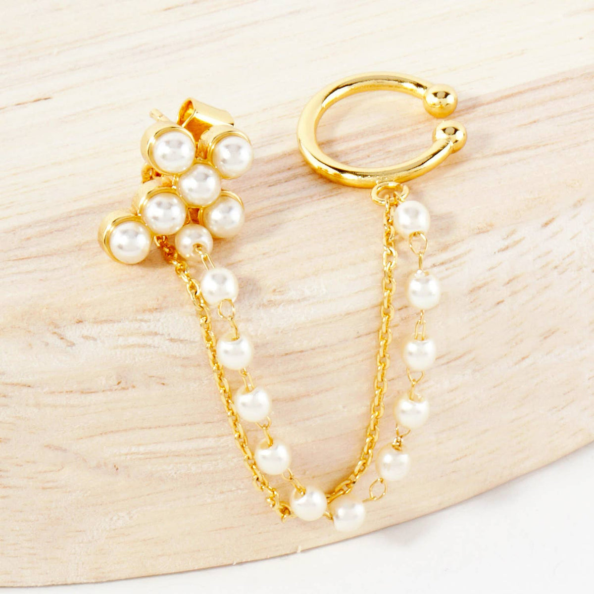 13mm Pearl Cross Stud and Ear Cuff Drape Chain Earring Set