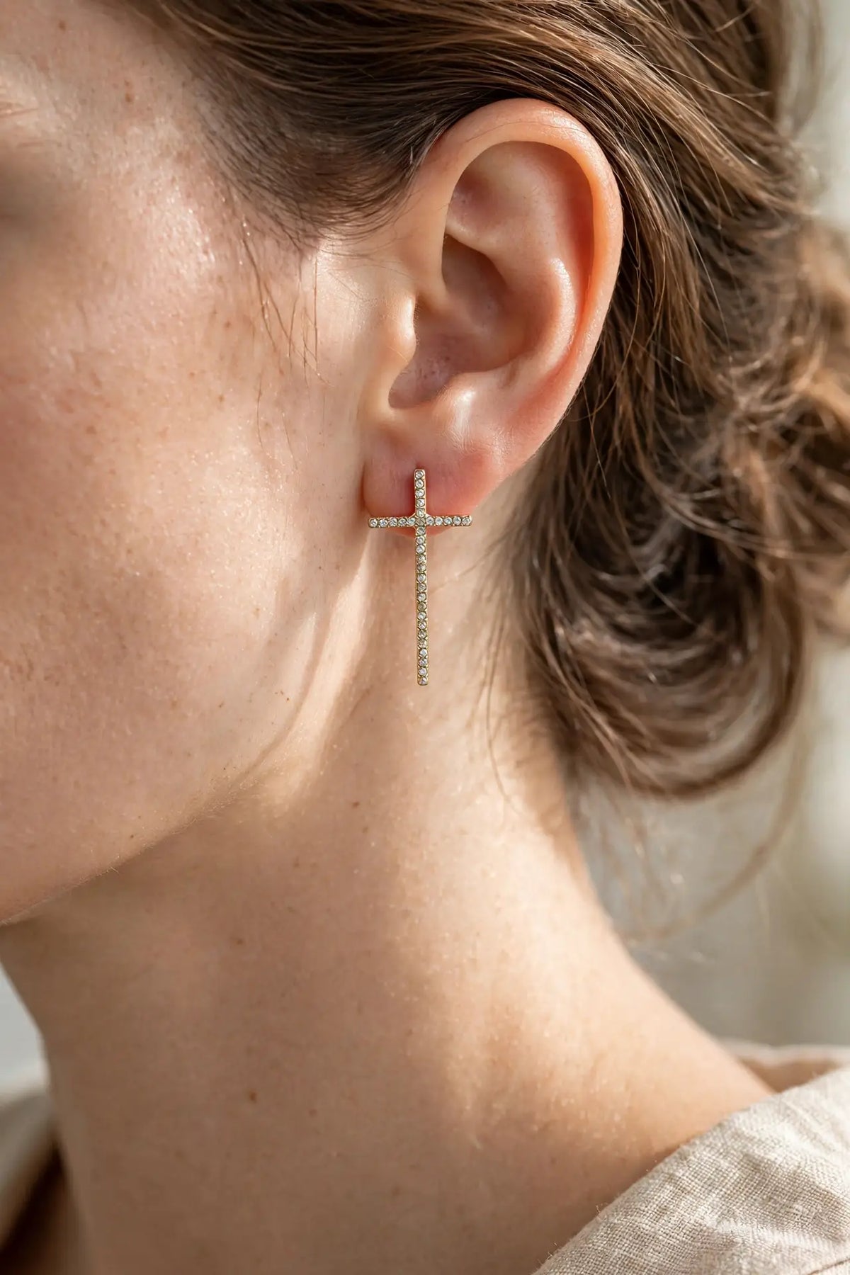 Elongated Crystal Cross Stud Earrings – Slender Pavé Cross,