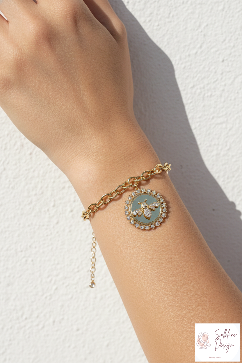Elegant Pave Crystal Bee Coin Charm Bracelet