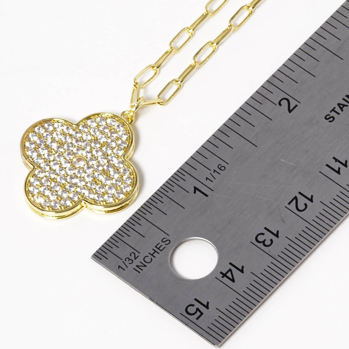 Pave CZ Four-Leaf Clover Paperclip Chain Necklace