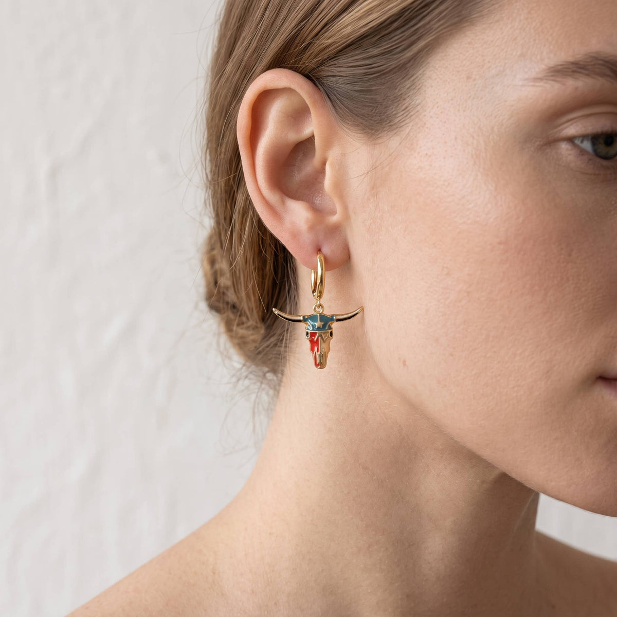 Enamel Western Bull Skull Huggie Hoop Earrings