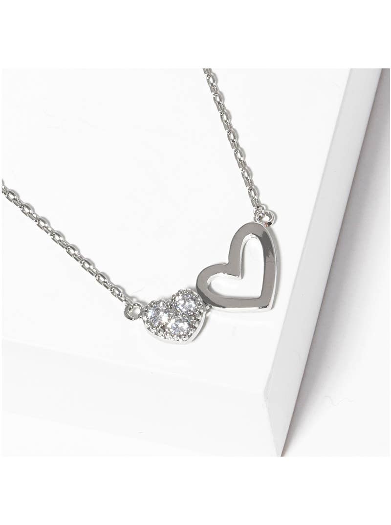 Double Open & Pavé Heart Pendant Necklace