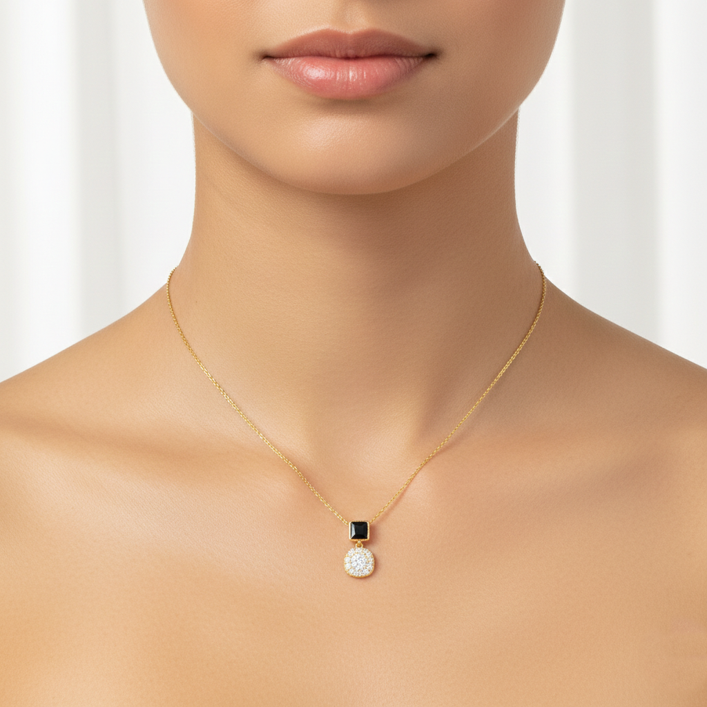Minimalist Square Onyx and Pavé Cushion Drop Necklace