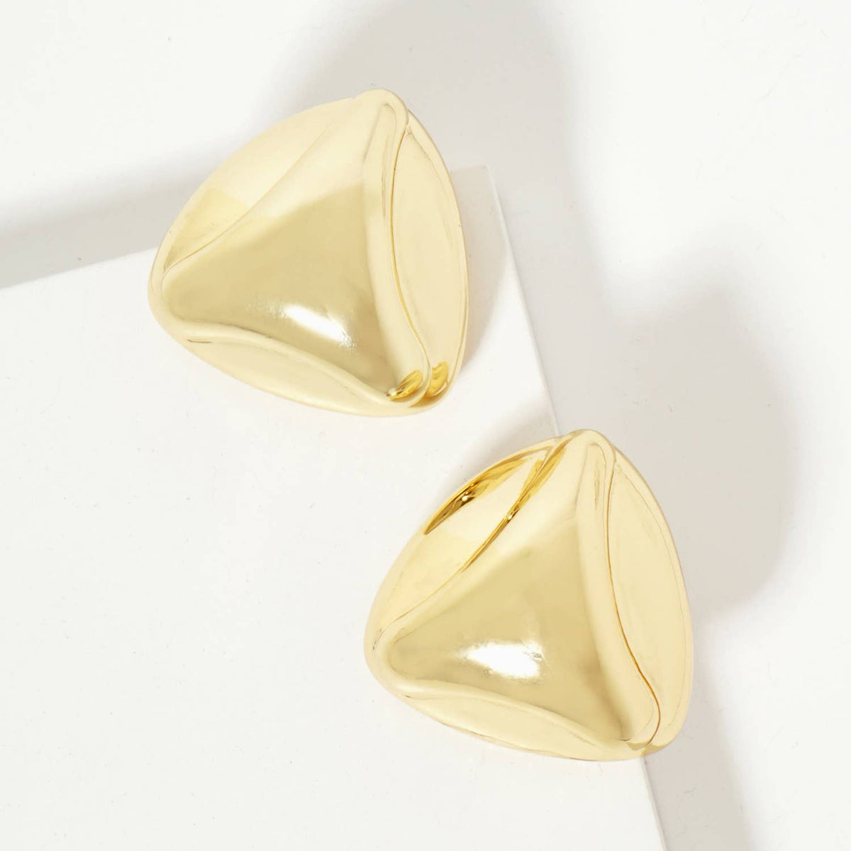 Polished Brass Soft-Curve Lined Puffy Triangle Stud Earrings