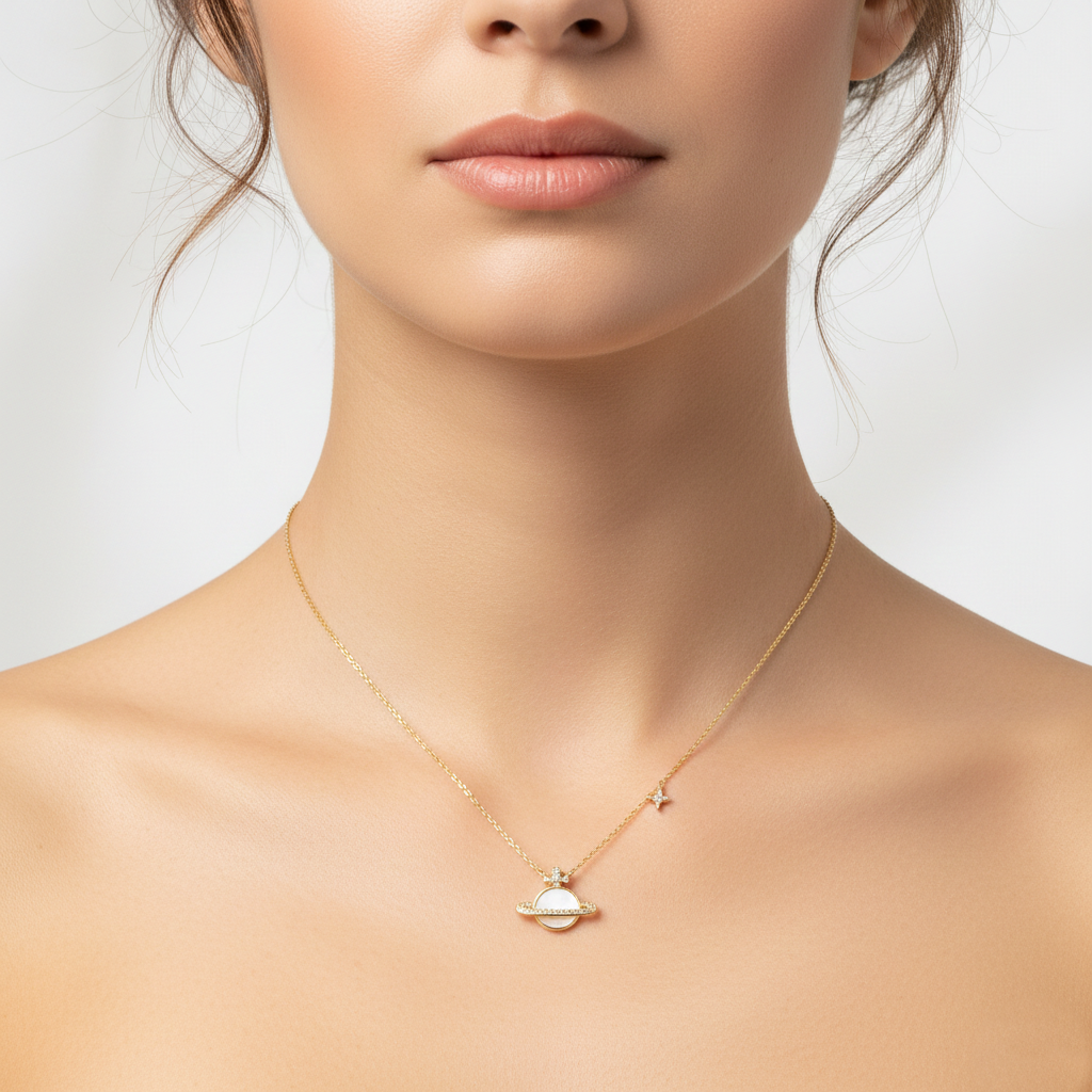Celestial Saturn Mother of Pearl Charm Necklace