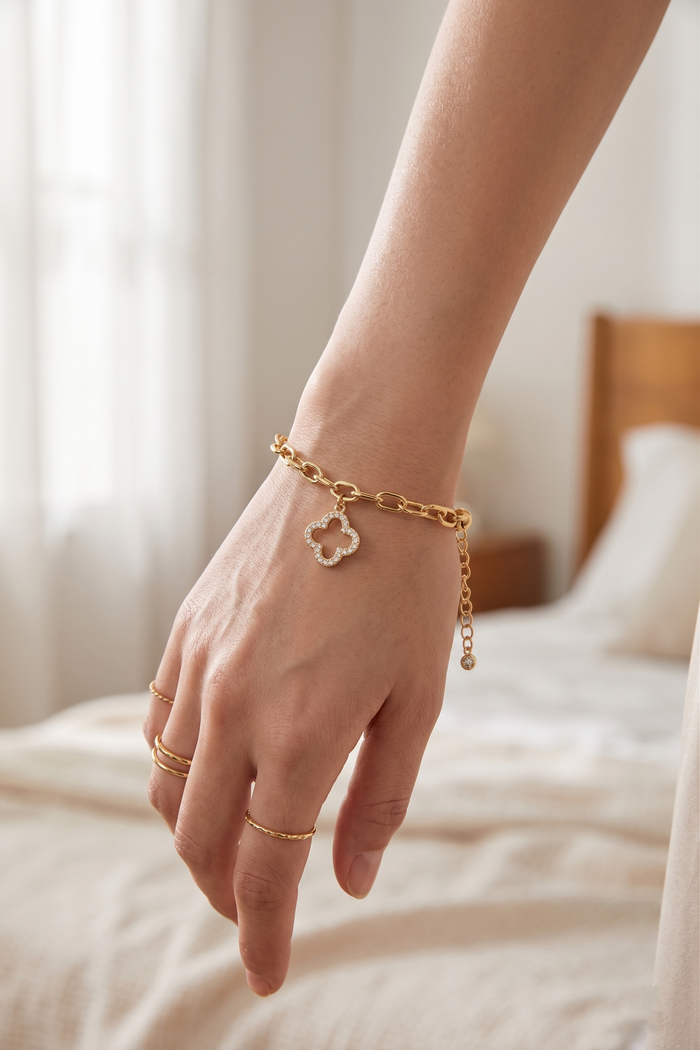 Cubic Zirconia Clover Charm Link Bracelet