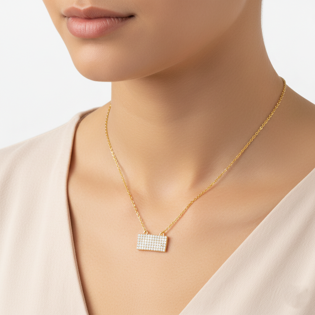 Rectangular Pavé Diamond Bar Pendant Necklace