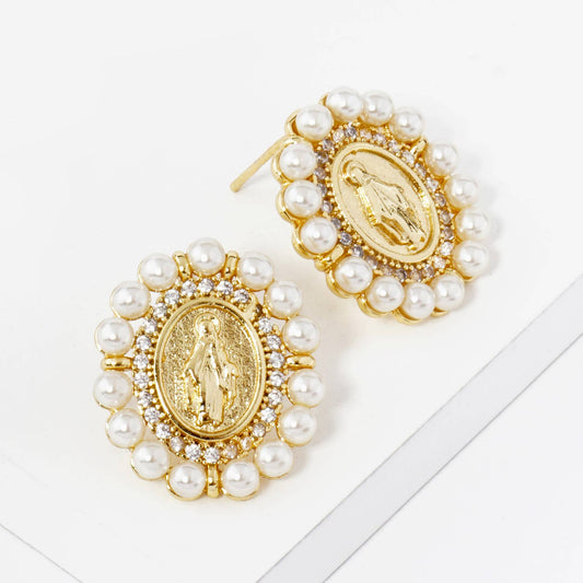 3MM PEARL BEADED CZ OVAL MIRACULOUS MEDAL STUD EARRINGS