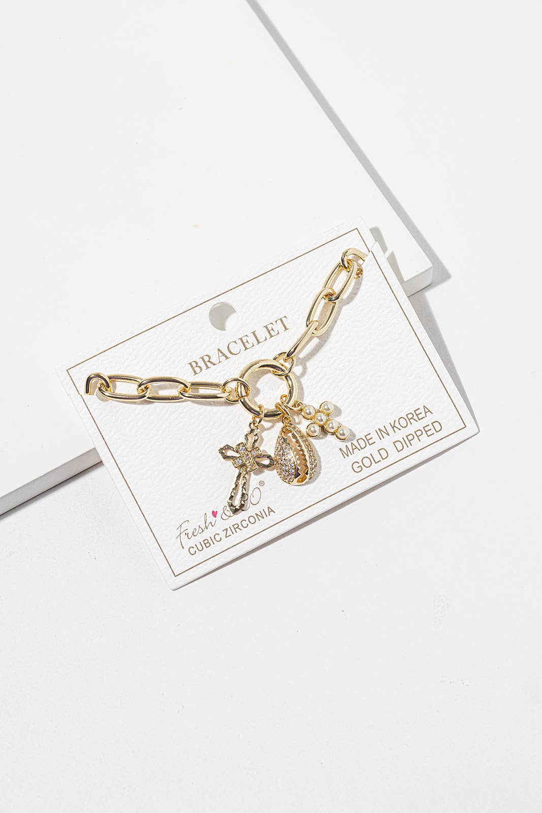 Chunky Chain Charm Bracelet with CZ Cross & Cowrie Shell