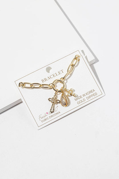 Chunky Chain Charm Bracelet with CZ Cross & Cowrie Shell