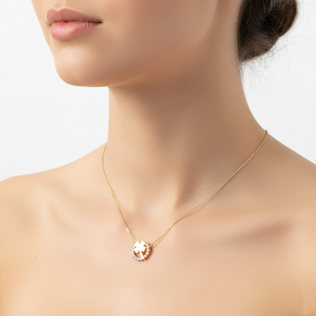 Pave Circle with Clover Pendant Necklace / 18K Gold Dipped