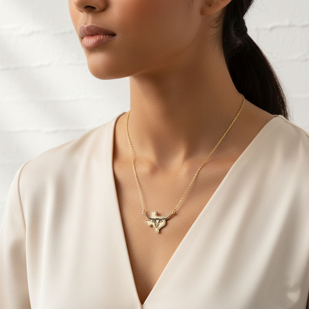 Texas Longhorn Outline State Pendant Necklace