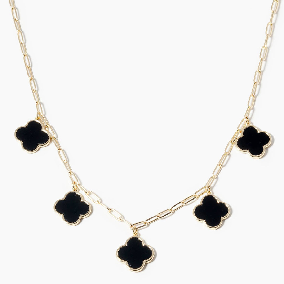 5-Clover Charm Paperclip Link Station Necklace