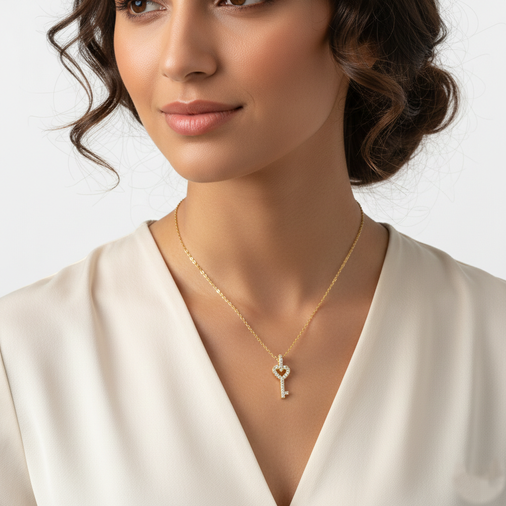 Pave Cubic Zirconia Heart Key Pendant Necklace