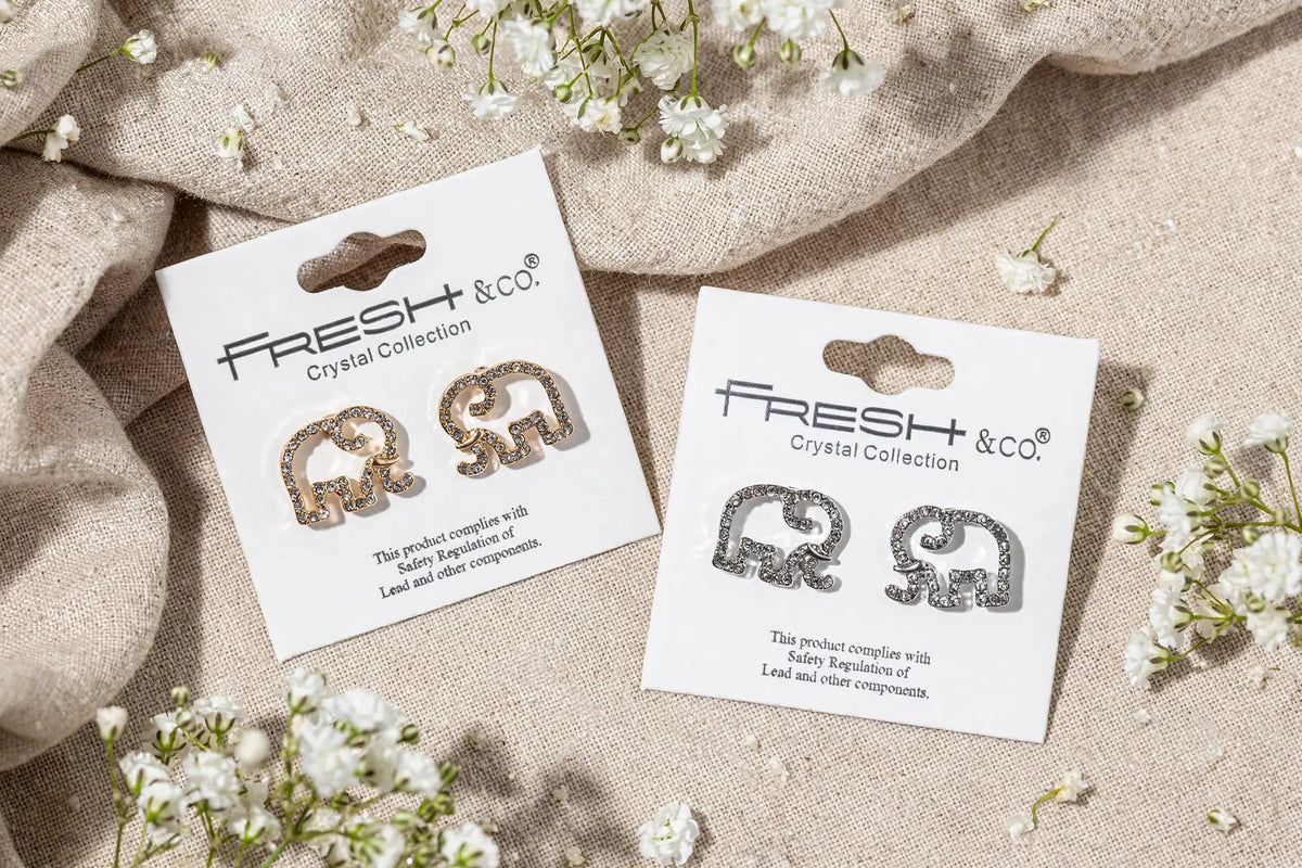 Crystal Elephant Stud Earrings – Open-Outline Elephant, Gold
