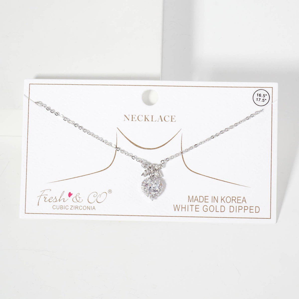 Heart CZ-Stone Drop Pave-Set Bow Pendant Necklace
