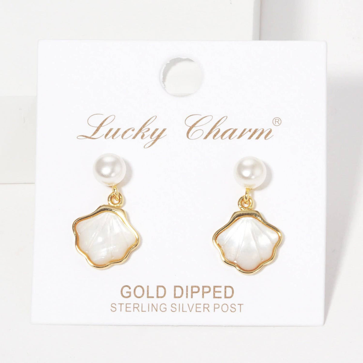 Gold Freshwater Pearl Seashell Dangle Earrings