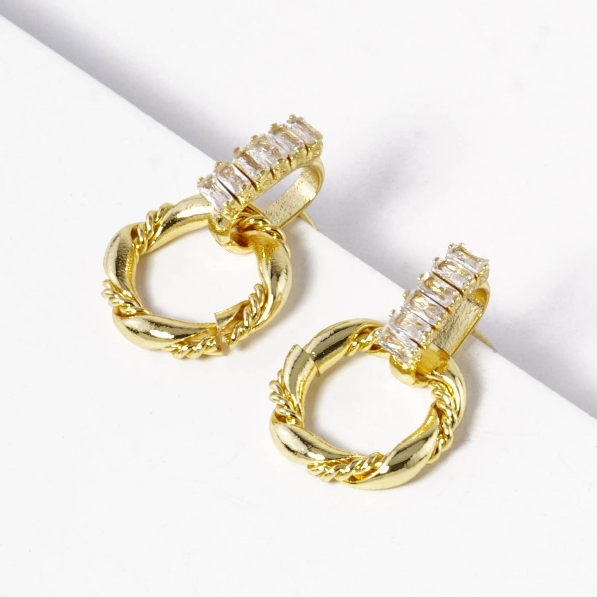 Geometric Twist & Cubic Zirconia Drop Hoop Earrings