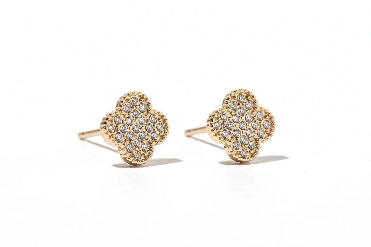Crystal Clover Stud Earrings – Pavé Quatrefoil Studs, Gold