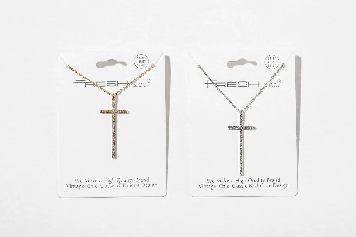 Long Crystal Cross Pendant Necklace – Full-Pavé Cross