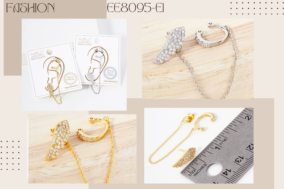 Angel-Wing Stud and Ear Cuff Drape Chain Earring Set