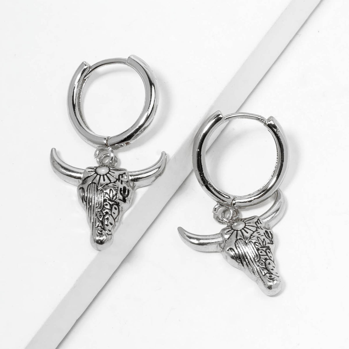 Western Bull Skull Charm Huggie Hoop Earrings
