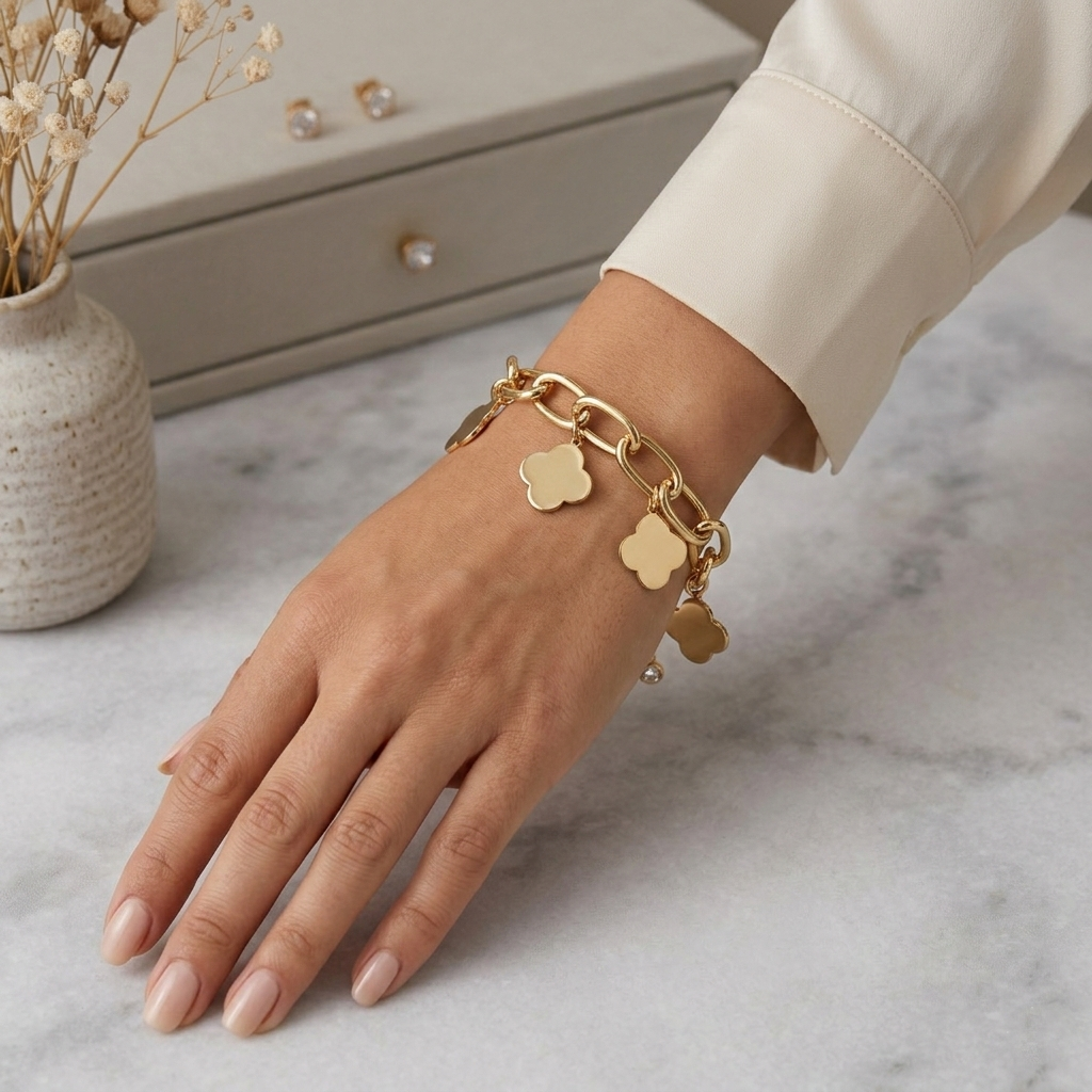 18K Gold Plated Chunky Link Bracelet with Clover Charms