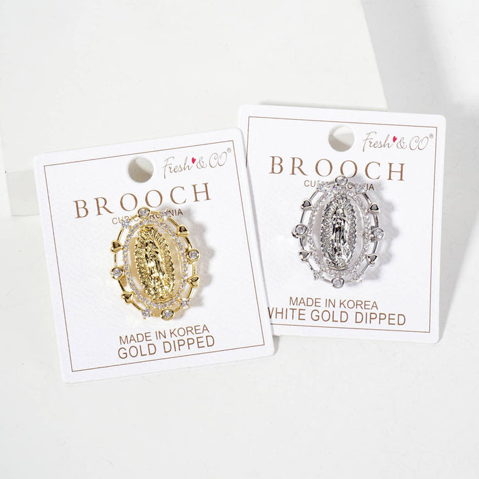 Cubic-Zirconia Virgin-Mary in Oval Frame Brooch