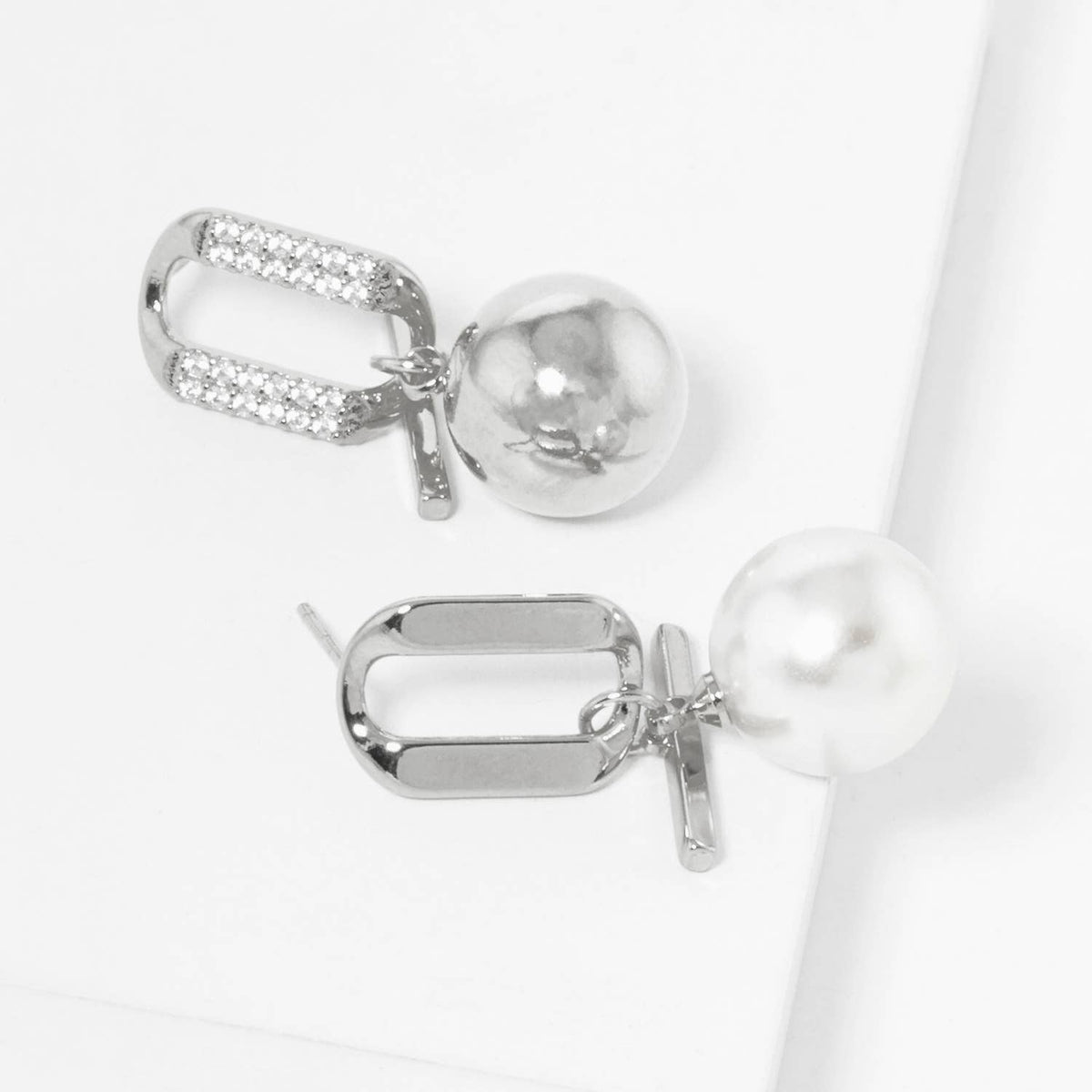 Dainty Pave Geometric Oval & Pearl Drop Earrings