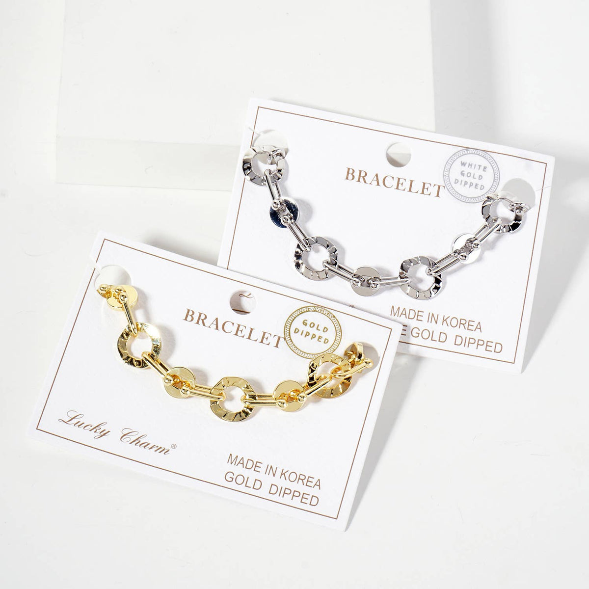 Polished Brass Textured Circle Links with Chain Bracelet