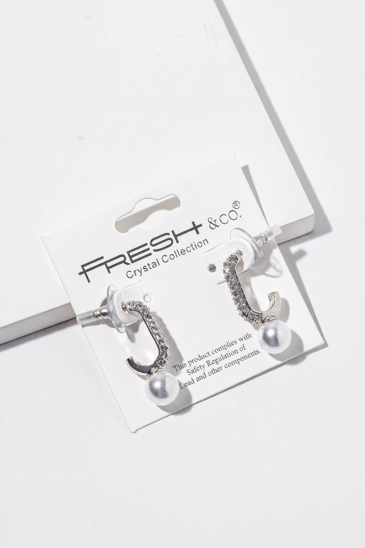 Crystal J-Hook Pearl Drop Earrings – Pavé Curve with Pearl
