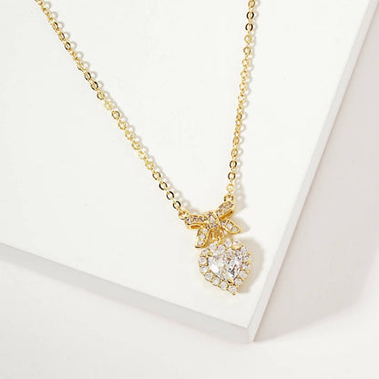 Heart CZ-Stone Drop Pave-Set Bow Pendant Necklace