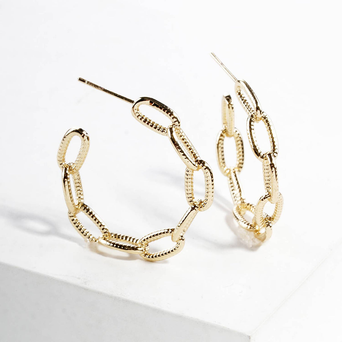 Textured Geometric Link Hoop Earrings