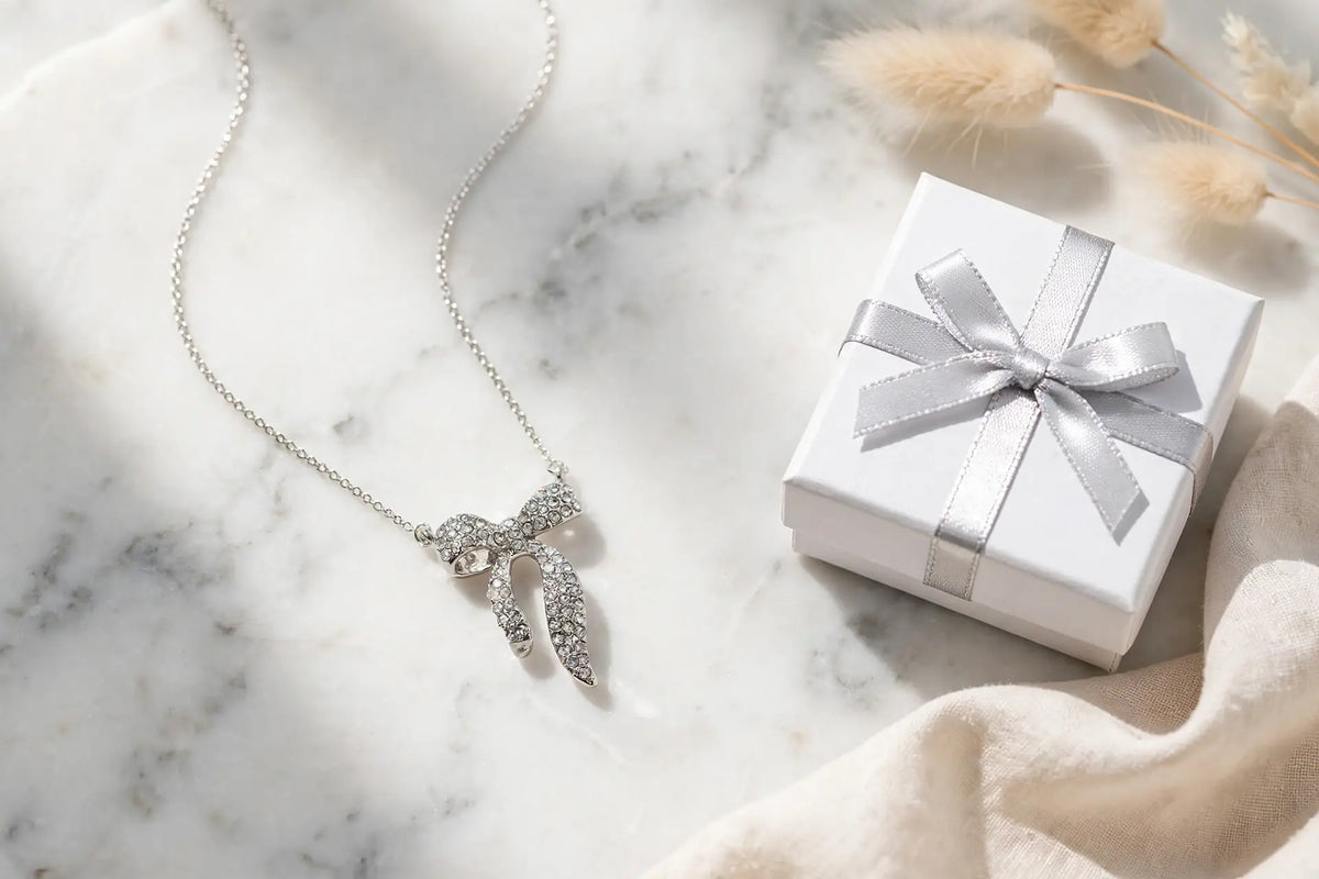 Crystal Ribbon Bow Pendant Necklace – 3D Sculpted Bow