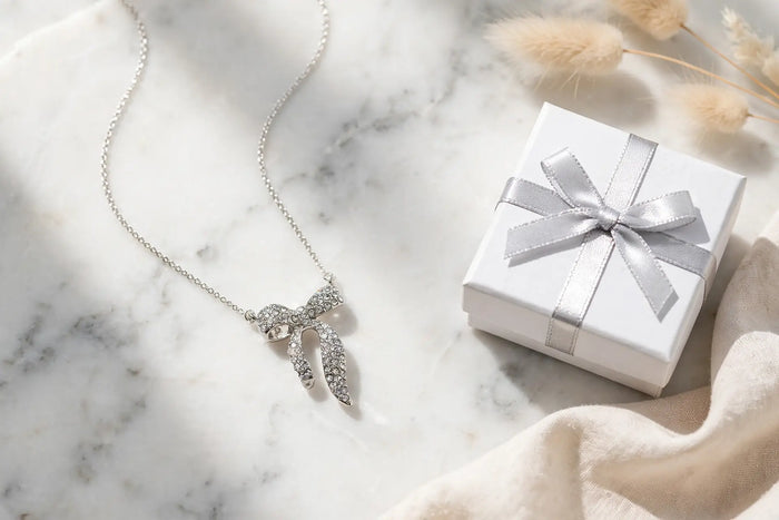 Crystal Ribbon Bow Pendant Necklace – 3D Sculpted Bow