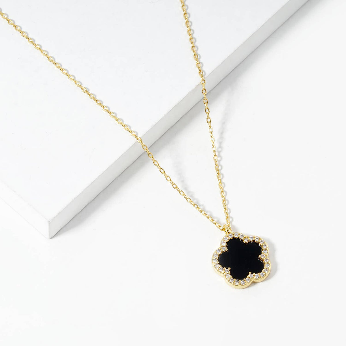 Clover Flower Pendant Necklace with Crystal Border