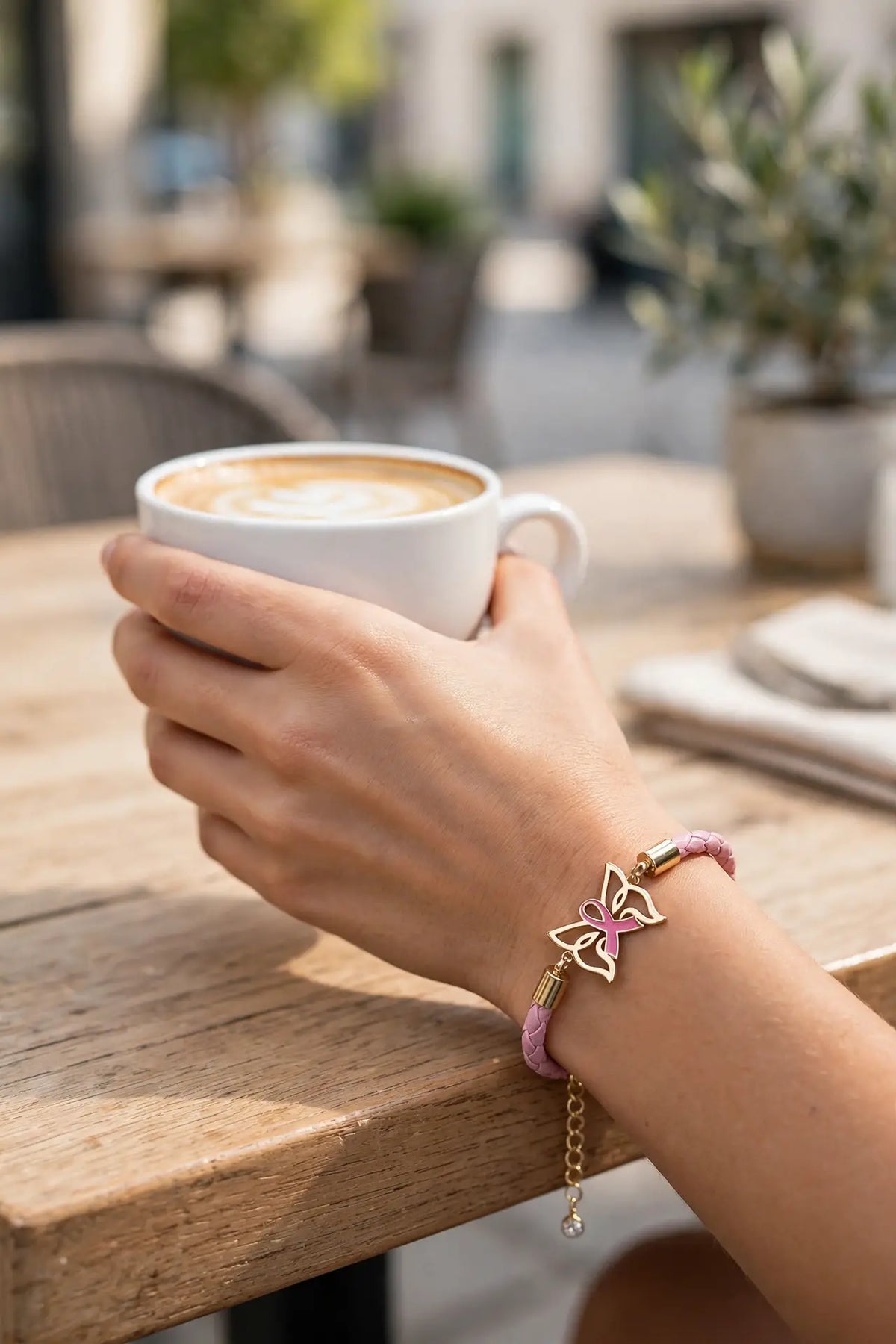 Pink Ribbon Butterfly Bracelet – Gold-Dipped Braided Charm