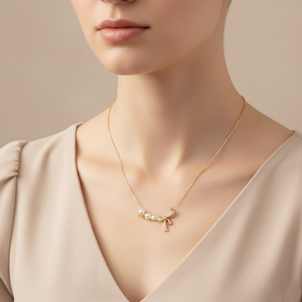 Dainty Crystal Bow and Pearl Bar Necklace