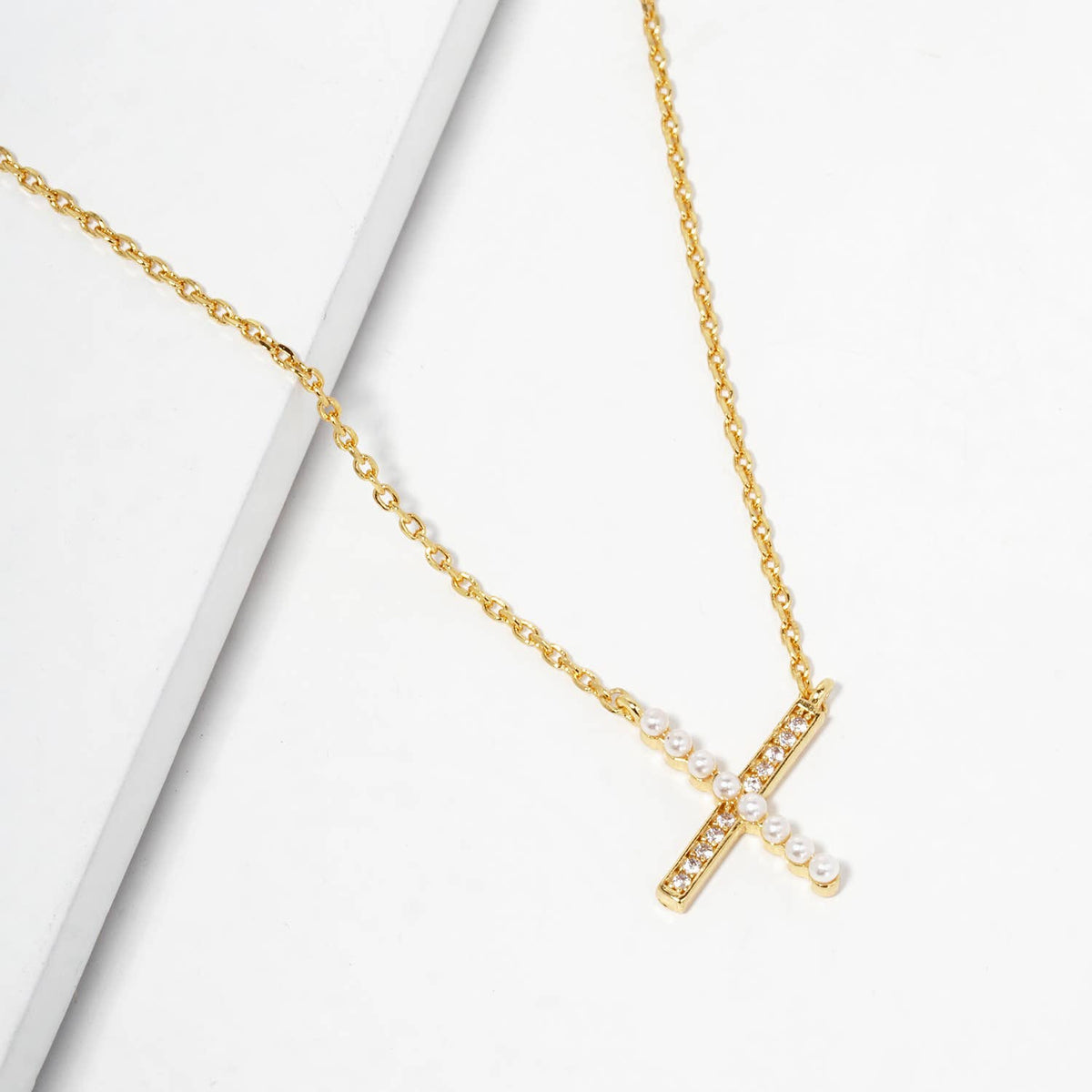 Minimalist CZ and Pearl Criss-Cross Pendant Necklace
