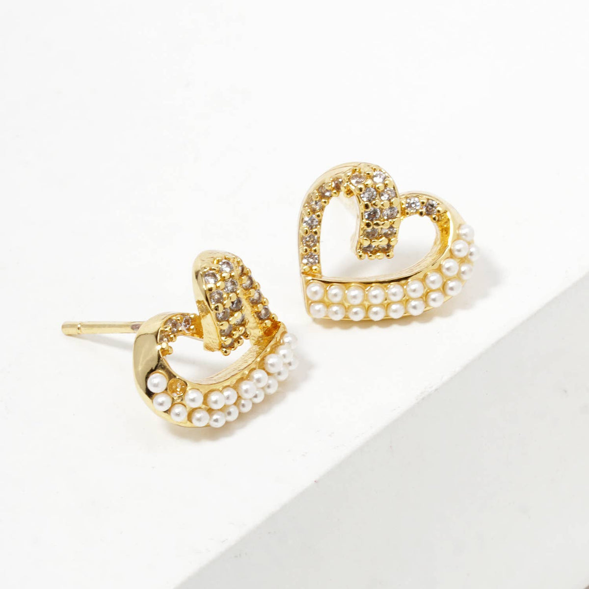 Dazzling Pave Heart & Pearl Accent Stud Earrings