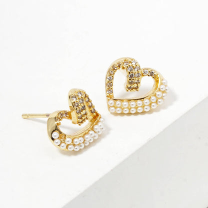 Dazzling Pave Heart & Pearl Accent Stud Earrings