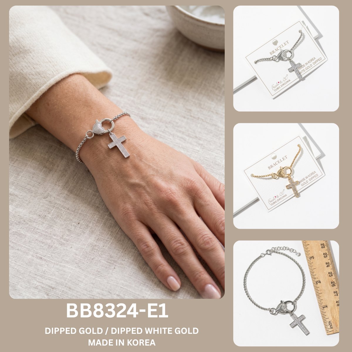 Pavé Cubic Zirconia Cross & Heart Charm Bracelet