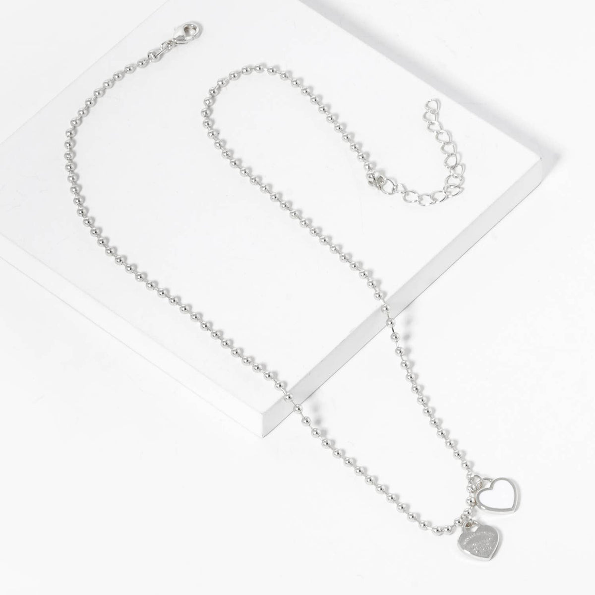 Double Heart Charm Bead Chain Necklace