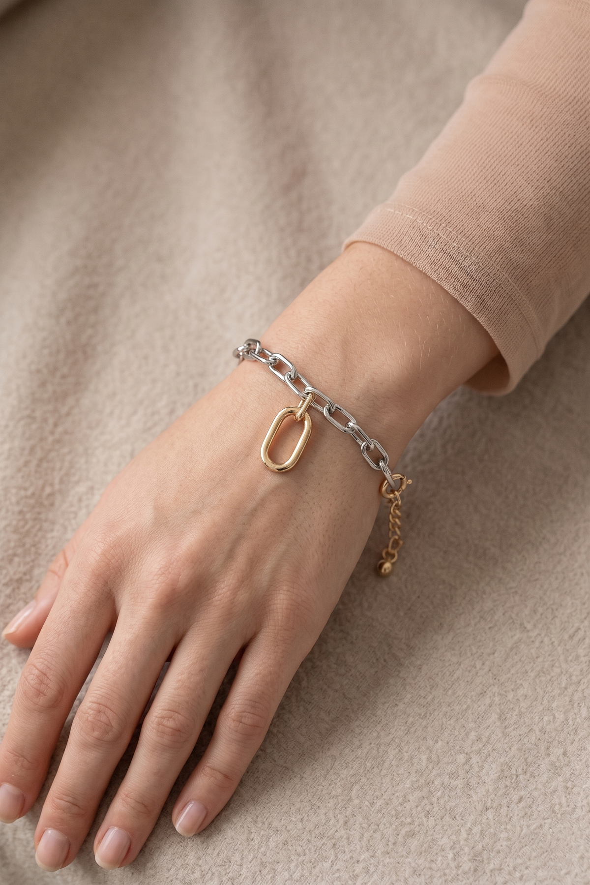 Two-Tone Mixed Metal Oval Charm Bracelet